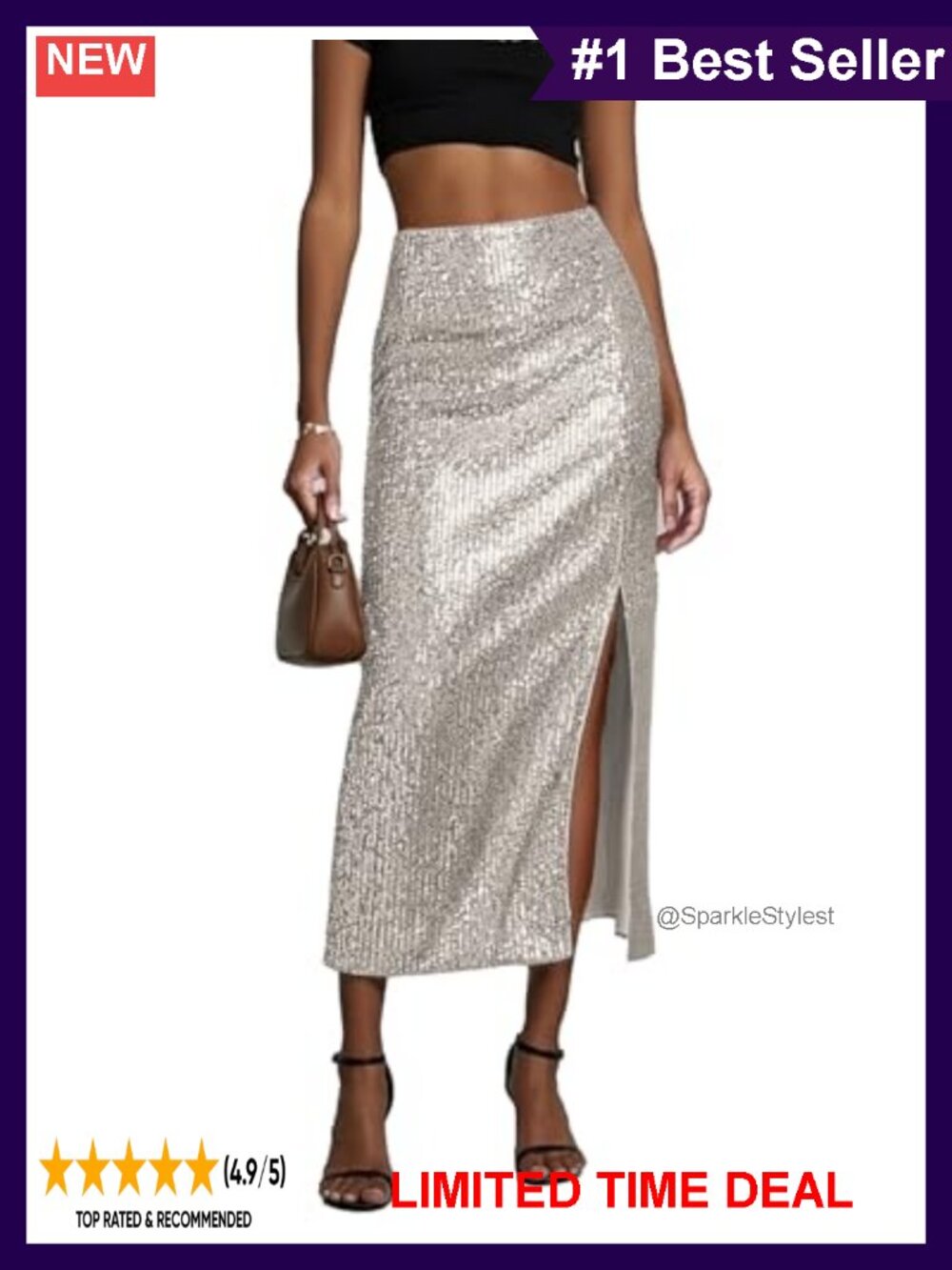 Sequin Midi Skirt High Waisted Bodycon Pencil Skirt with Slit